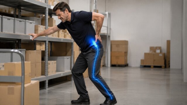 Man worker suffering from back pain lifting heavy box in warehouse. Highlighted spine and sciatic nerve with glowing effect