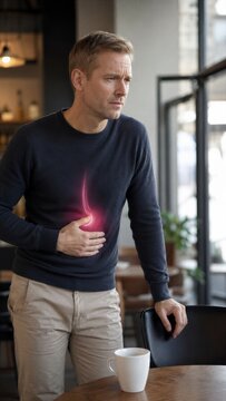 Man suffering from stomach pain with glowing red highlight on abdomen. Abdominal ache and digestive problem concept. Heartburn, gastritis and ulcer medical visualization for healthcare.