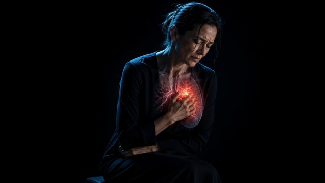 Woman suffering from heart attack touching chest with glowing painful heart visualization. Cardiovascular disease, chest pain and heartache medical concept for healthcare and cardiology awareness