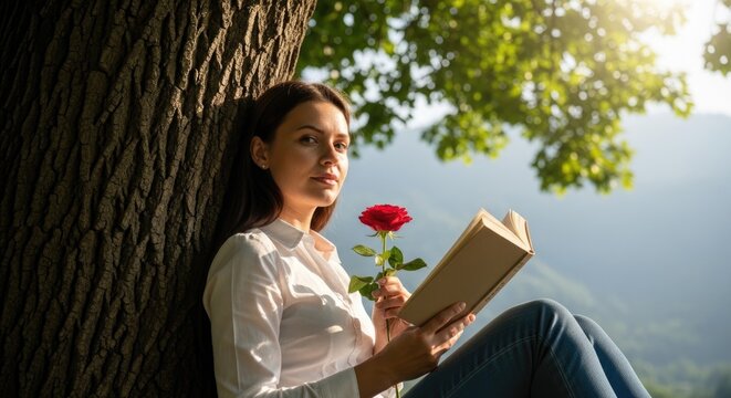 Woman reading a book outdoors beneath a tree while holding a red rose, enjoying peaceful leisure time surrounded by nature and warm sunlight