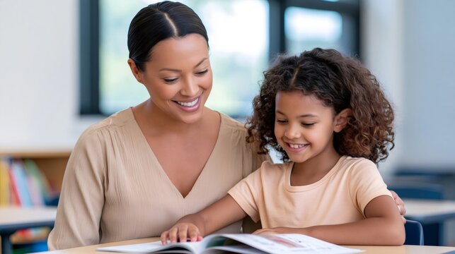 Teacher helping young student reading book in classroom