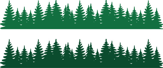 Tree, line forest trees silhouette, natural woodland horizon featuring varied trees for landscape backgrounds camping themes travel designs and nature projects. © VectorPeak
