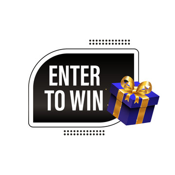 Enter to win dark promotional banner badge with 3D gift box vector illustration