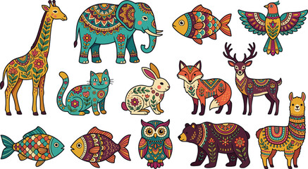 Fototapeta premium Set of various wild and domestic animals decorated with colorful ethnic patterns and intricate floral designs on white background