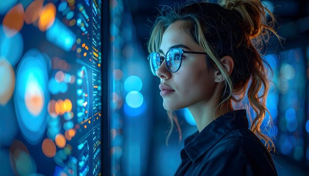 Young woman looking at a futuristic digital screen with glowing data interfaces.