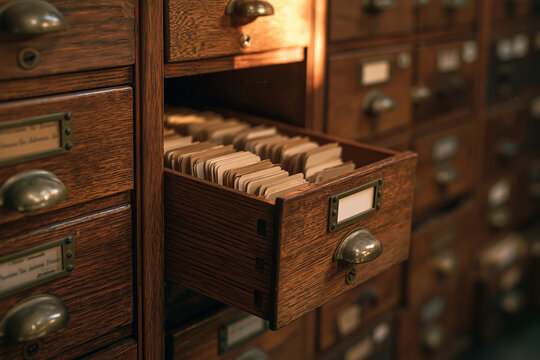 Vintage wooden file cabinet with open drawer and index cards inside  