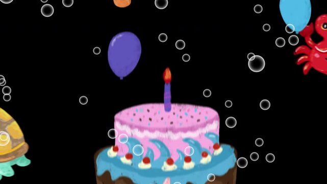 Cute colorful sea animals watercolor crayon happy birthday cake balloons kids hand drawn illustration element transition 4k video animation