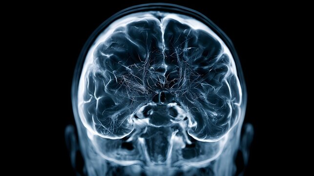 A detailed frontal view of a human brain scan with visible neural pathways and cerebral structures against a dark background