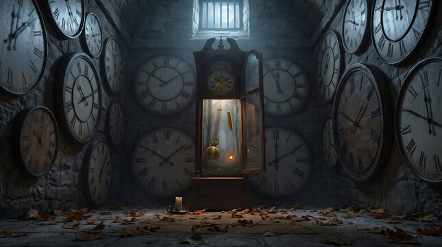Haunted clock room with antique timepieces and eerie candlelight