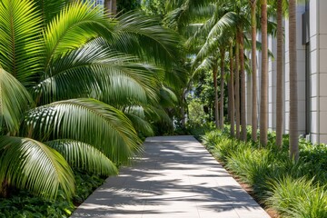 Fototapeta premium Palm trees lining a modern outdoor pathway