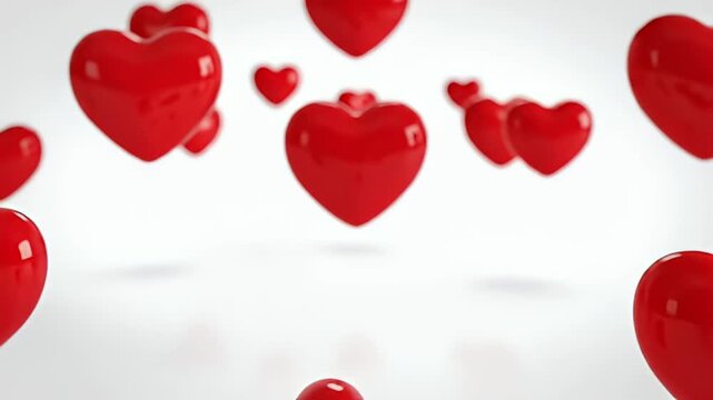 Animated Collection of Realistic Red Hearts Floating and Falling Gently on a Clean White Background