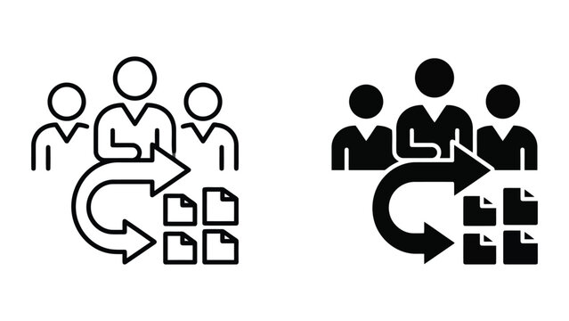 Business file migration and team document management icon set with migration