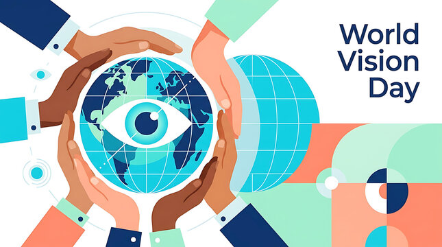 Diverse hands encircling a globe with an eye symbolizing World Vision Day awareness and global connection
