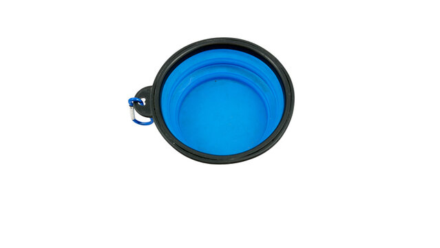 Blue plastic collapsible pet bowl isolated on transparent background