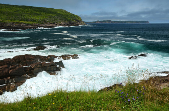 looking out across the   dangerous waves and rocky coastline of st. john's bay towards the headlands of St. John's  in summer  from cape spear, newfoundland, canada