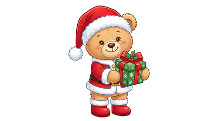 Fototapeta premium Cute Christmas Bear in Santa Costume Holding a Festive Gift