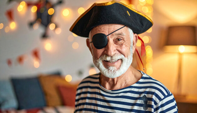 Carnival grandfather in striped pirate costume and eye patch smiling playfully in decorated room generative AI