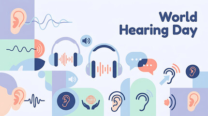 Obraz premium World Hearing Day celebration with graphic illustrations of ears and sound waves promoting awareness