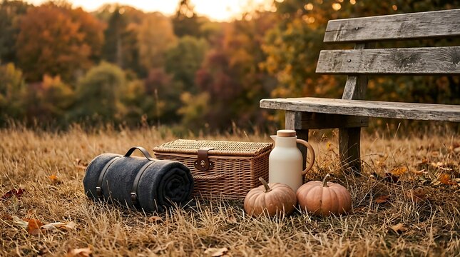 Autumn picnic setup with pumpkins and wicker basket by a wooden bench in a park
