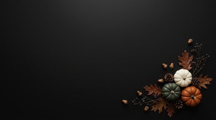 Obraz premium Autumn corner composition with pumpkins, pine cones, and acorns on a solid black table surface.