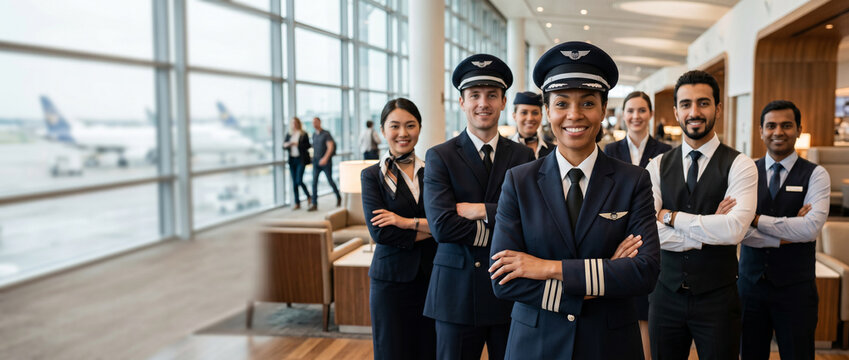 A confident female airline captain stands at the front with her diverse flight crew behind her in a bright airport lounge, conveying professionalism, teamwork, leadership and readiness for travel.