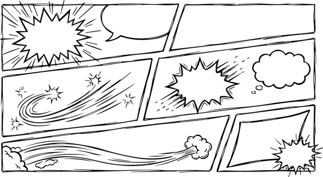 Blank comic book page layout template with panels and speech bubbles panel template speech bubble comic strips graphic design vector illustration black and white retro comic pop art line art