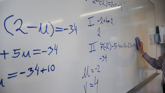 Teacher's hand erasing complex algebra problems from a clean white board, symbolizing learning, teaching, problem solving, and the process of mathematical instruction in a school or academic setting