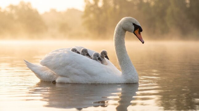 Elegant white mute swan gliding across misty lake carrying fluffy cygnets on back at sunrise
