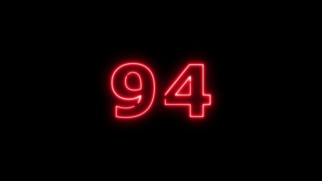 Abstract beautiful red neon business counting number 94 icon conceptual background 4k animation.