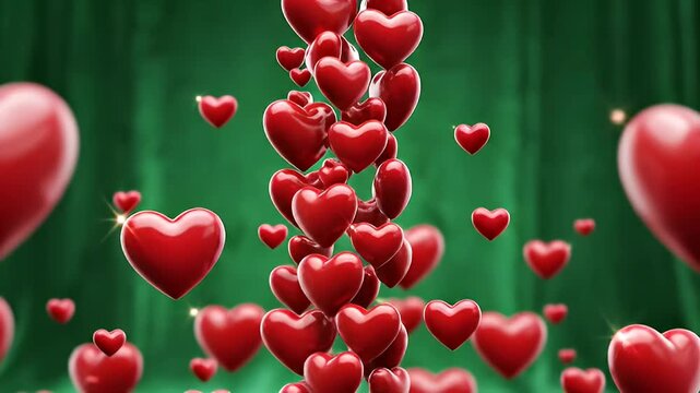 Animated Pile of Red Hearts Ascending Against a Green Velvet Curtain Background, Romantic