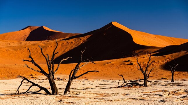 Ancient dead camel thorn trees on cracked white clay pan with giant orange sand dunes in Deadvlei