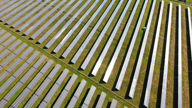 Solar panels filling a vast field, harnessing sun power for sustainable electricity, representing an important step towards a greener future and environmental responsibility