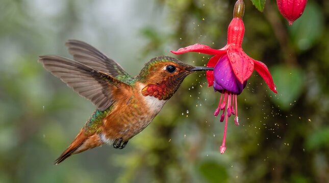Male rufous hummingbird hovering mid-air sipping nectar from blooming fuchsia flower