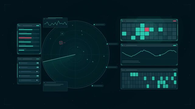 Abstract animated radar sweep detecting moving drawn as cyan and teal lines and shapes on a deep dark background. Seamless looping 4K motion graphics video with free space for text, ideal for title se