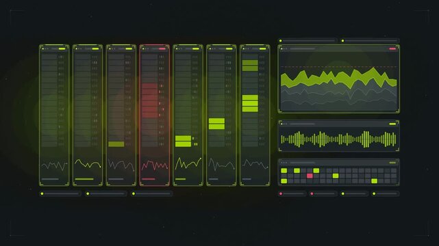 Abstract animated server monitoring racks reporting drawn as green and teal lines and shapes on a deep dark background. Seamless looping 4K motion graphics video with free space for text, ideal for te