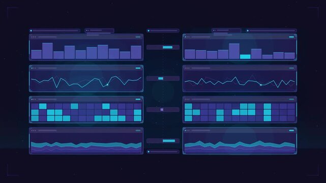 Abstract animated data comparison mirrored columns drawn as blue and cyan lines and shapes on a deep dark background. Seamless looping 4K motion graphics video with free space for text, ideal for dash