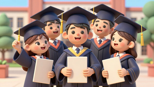College Students Celebrating Graduation Together in Academic Caps and Gowns
