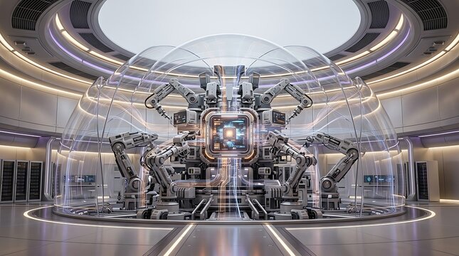Futuristic robotic machine with mechanical arms working in a high tech scientific laboratory room