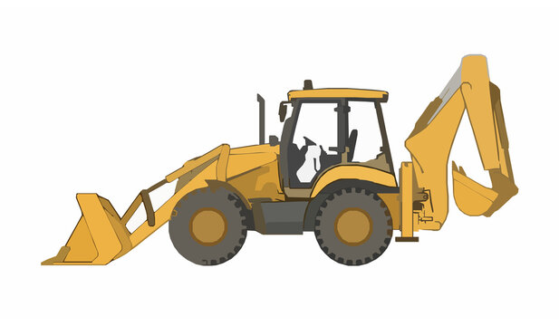 Yellow backhoe loader heavy construction vehicle graphic element isolated on white background for industrial machinery vector design