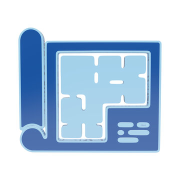 Modern flat floor plan icon with blueprint roll and pencil isolated on transparent background