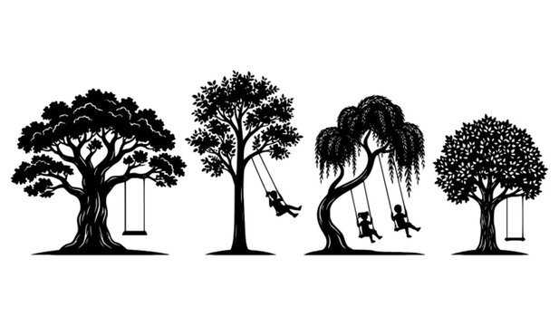 Set of tree silhouettes with swings and children playing vector illustration element