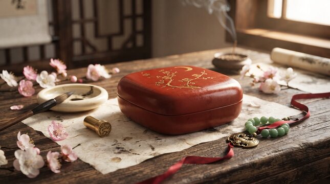 Traditional Chinese Cinnabar Lacquer Box with Gold Floral Design and Calligraphy Accessories