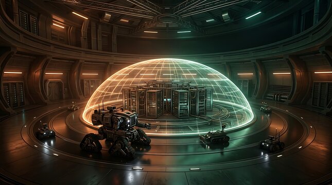 Futuristic server room with glowing data center protected by a digital energy shield in a dark high tech laboratory