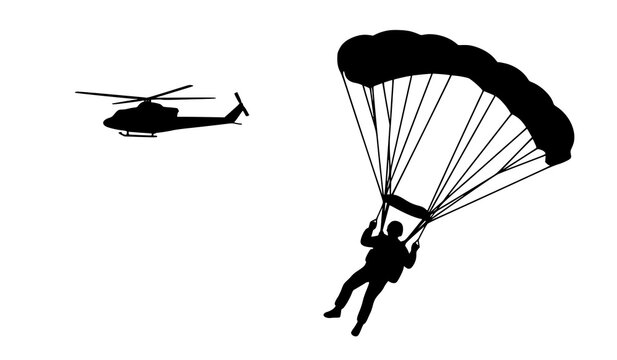 Paratrooper skydiver parachuting with military helicopter in background silhouette vector graphic illustration design element