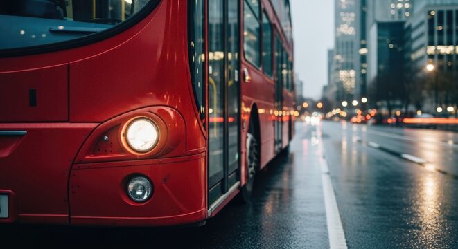 red city bus driving through a wet urban street at night, illuminated by streetlights and surrounded by modern buildings and reflections