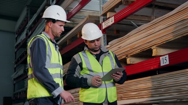Two warehouse workers inspect stored sheet materials while using a tablet to check inventory and discuss stock management in an industrial warehouse.