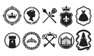 Ten black featuring royal symbols such as crowns, ornate circular frames, a fleur de lis shield, a rose, keys, a castle tower, a gate, and a silhouette of a woman © Digital Art