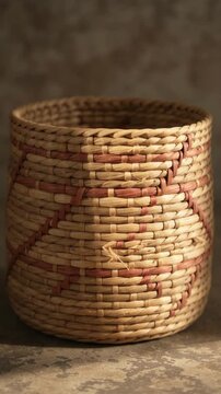 Handwoven rustic wicker basket with red geometric pattern