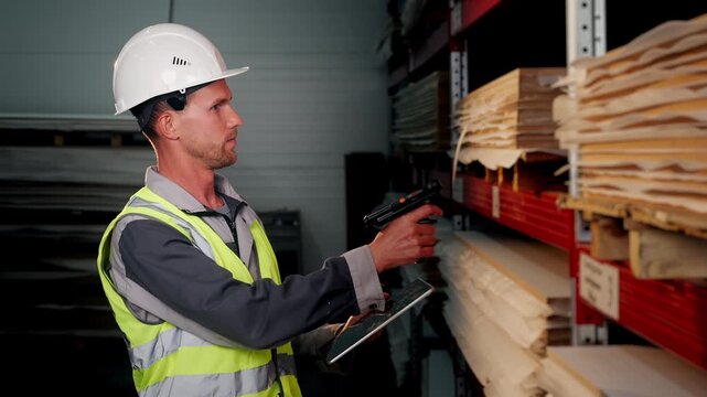 Warehouse worker scans stored materials with a handheld scanner while using a tablet for digital inventory control and stock management.