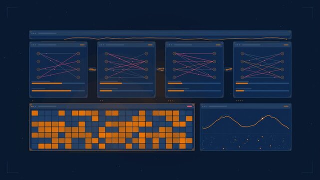 Abstract animated machine learning model training drawn as amber and orange lines and shapes on a deep dark background. Seamless looping 4K motion graphics video with free space for text, ideal for te